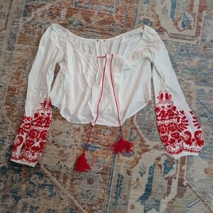 Embroidered White and Red Women's Top